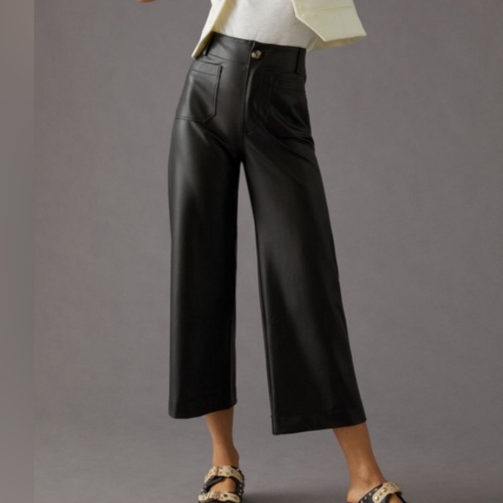 Maeve Colette Pants Wide Leg Cropped Faux Black Leather Pants Size 32